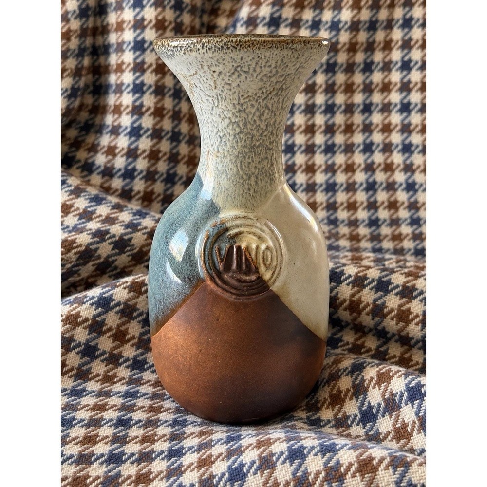 Vintage Pottery Craft Handcrafted Stoneware Vino Decanter Vase Vessel Blue Brown
